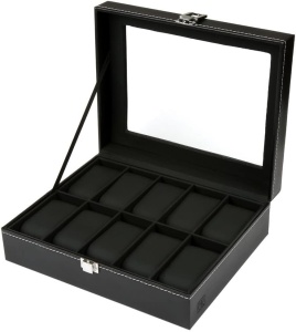 Cutie de depozitare cu capac de sticla pentru 10 ceasuri H&S, sticla/piele PU, negru, 22,5 x 7,5 x 20,5 cm, Resigilat, Grad A