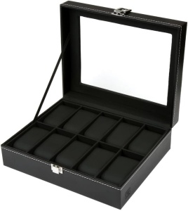 Cutie de depozitare cu capac de sticla pentru 10 ceasuri H&S, sticla/piele PU, negru, 22,5 x 7,5 x 20,5 cm, Resigilat, Grad A