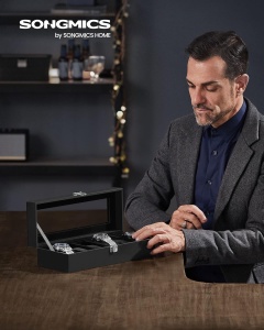 Cutie pentru ceasuri Songmics, MDF/piele PU/sticla, negru, 30 x 11,2 x 8 cm, Resigilat, Grad A - Img 6