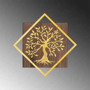 Decor de perete Re-Bloom, model copac, lemn/metal, maro/auriu, 54 x 54 cm