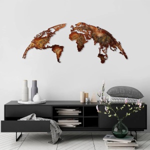 Decor de perete World Map din metal 150x59 cm, grosime 1.5mm, 3.255 kg, maro - Verificat A · Re-Bloom - Img 2