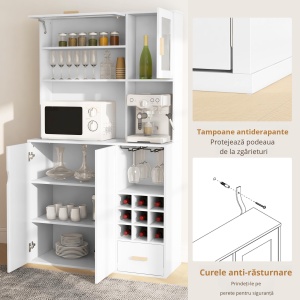 Dulap bucatarie multifunctional Re-Bloom, PAL/sticla securizata/lemn pin, 100x38x172 cm, 2 randuri suporturi sticla, 9 rafturi, sertar, alb - Verificat A · Re-Bloom - Img 6
