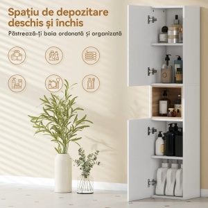 Dulap de baie cu 2 usi si rafturi reglabile, MDF, 30x24x140 cm, spatiu deschis, capacitate 30kg, alb/natur - Verificat A · Re-Bloom - Img 6