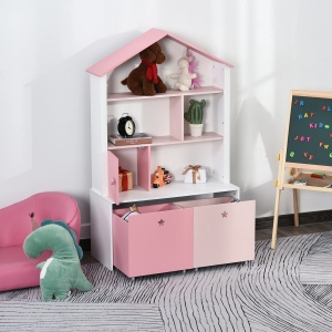 Dulap depozitare jucarii copii 80x34x130 cm, MDF P2, 4 rafturi, 2 sertare cu roti, alb/roz - Verificat A · Re-Bloom - Img 5