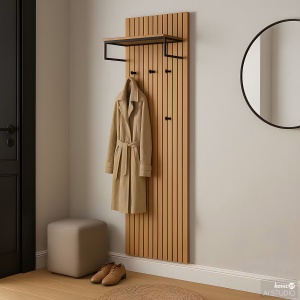 Eldredge cuier panou 51x170x28 cm, lemn masiv pin lacuit, bara si carlige metal negru, raft palarii, pin/negru - Verificat A · Re-Bloom - Img 2