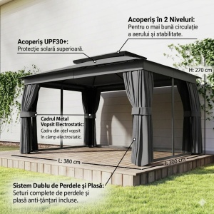 Foisor de gradina cu 2 niveluri, plasa tantari si perdele, 380x300x270 cm, acoperis UPF30+, coloane metal vopsit electrostatic, gri inchis - Verificat A · Re-Bloom - Img 5
