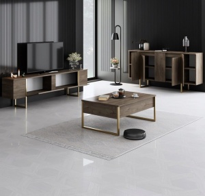 Forme XL set 3 piese living, comoda TV 180cm, masuta cafea 90cm, comoda 160cm, PAL 18mm, picioare metal, nuc si auriu - Verificat A · Re-Bloom - Img 2