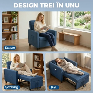 Fotoliu reclinabil Re-Bloom, textil efect in/otel/eucalipt/spuma, fotoliu 69x82x85 cm, pat 53x170x45 cm, perna inclusa, 150 kg, albastru - Verificat A · Re-Bloom - Img 4