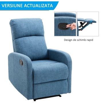 Fotoliu relax rabatabil cu taburet 66x95x99 cm, intins 161x66x79 cm, tapiterie in, cadru lemn si fier, 125 kg, albastru - Verificat A · Re-Bloom - Img 6