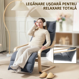 Fotoliu relaxant cu suport pentru picioare reglabil, catifea poliester/lemn mesteacan/spuma, 67x93-114x105 cm, sezut 55x45x45cm, capacitate 120kg, gri inchis/natur - Verificat A · Re-Bloom - Img 4