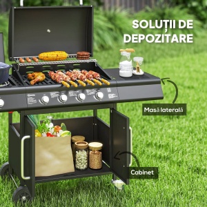 Gratar pe gaz cu arzator lateral, masuta si dulap, otel inoxidabil/PP, 129.5x56x110 cm, arzator principal 3kW + lateral 3.2kW, propan/butan, 3 gratare + gratar incalzire + regulator + furtun incluse, negru - Verificat A · Re-Bloom - Img 3