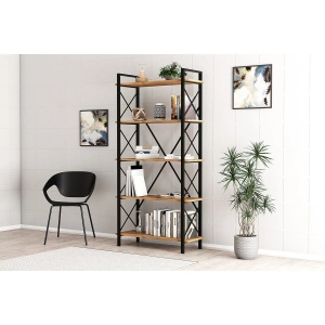Hanah Home biblioteca industriala 90x33.5x180 cm, PAL melamina 100%, cadru metal electrostatic, raft 55cm, pin atlantic/negru - Verificat A · Re-Bloom - Img 3