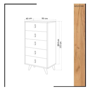 Hanah Home comoda dormitor 50x40x103 cm, 5 sertare, PAL 18mm, manere piele PU, picioare lemn, stejar/alb - Verificat A · Re-Bloom - Img 4