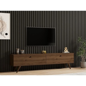 Hanah Home comoda TV living 160x40x25 cm, PAL 18mm, rafturi multiple, picioare lemn, nuc - Verificat A · Re-Bloom - Img 3