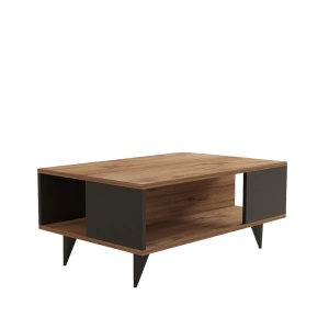 Hanah Home masa de cafea 2 niveluri 90x60x39.5 cm, PAL 18mm, raft 20.4cm, design inspirat de marmura, nuc si negru - Verificat A · Re-Bloom