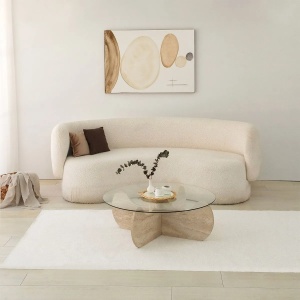 Hanah Home masa de cafea rotunda 90x30 cm, blat sticla, baza PAL melaminat, travertin - Verificat A · Re-Bloom - Img 2
