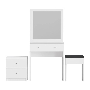 Hanah Home masa de machiaj 65x35x139 cm, PAL 18mm, oglinda inclusa, scaun inclus, fixabil perete, alb - Verificat A · Re-Bloom