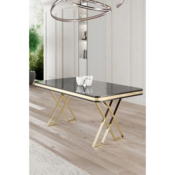 Hanah Home masa dining 130x80x74 cm, blat panou lacuit 100%, picioare metal, marmura neagra si auriu - Verificat A · Re-Bloom - Img 2