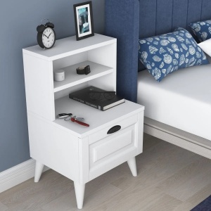 Hanah Home noptiera de dormitor 45x40x74.4 cm, PAL 18mm, sertar cu membrana, rafturi de depozitare, picioare de 15cm, alb - Verificat A · Re-Bloom - Img 2