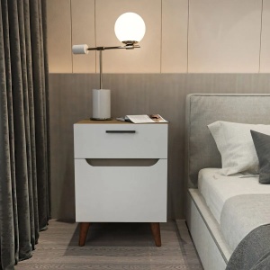 Hanah Home noptiera dormitor 45x56.8x63 cm, PAL 18mm, spatiu amplu de depozitare, concept scandinav, alb si stejar - Verificat A · Re-Bloom - Img 5