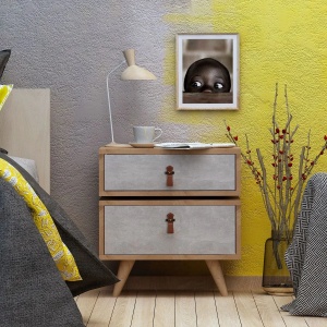 Hanah Home noptiera dormitor 50x40x59 cm, PAL 18mm, 2 sertare, manere de piele PU, picioare de lemn, stejar si alb - Verificat A · Re-Bloom - Img 2