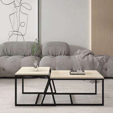 Hanah Home set 2 masute de cafea, PAL 18mm melaminat, cadru metal, masuta mare 75x50x38 cm si masuta mica 55x57x45 cm, travertin si negru - Verificat A · Re-Bloom - Img 2