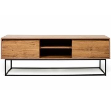 Kalune Design Angelina comoda TV 140x40x50 cm, PAL 18mm laminat, 2 sertare, picioare metal 22cm, rafturi multiple, fixabil perete, nuc si negru - Verificat A · Re-Bloom
