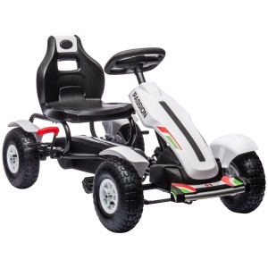 Kart cu pedale pentru copii, PP/metal, 121x58x61 cm, scaun reglabil 35x28x30.5cm, roti cauciuc Φ26cm, capacitate 50kg, certificat EN71, varsta 3+/recomandat 5-12 ani, alb/negru - Verificat A · Re-Bloom