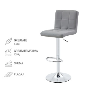 Kiwari Lior set 2 scaune bar reglabile, sezut PU/spuma, baza rotativa crom, 38x34cm, inaltime 87-107cm, sezut 59-79cm, capacitate 120kg, design modern, gri - Verificat A · Re-Bloom - Img 4