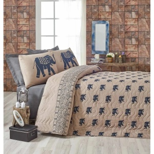 L'essentiel Maison set cuvertura matlasata dubla, bumbac/poliester, 200x220 cm + 2x fata perna 50x70 cm, 270g/m², umplutura 90g/m², albastru/maro deschis - Verificat A · Re-Bloom