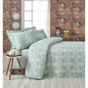 L'essentiel Maison set cuvertura matlasata single, bumbac/poliester, 160x220 cm + fata de perna 50x70 cm, 270g/m², verde marin/alb - Verificat A · Re-Bloom