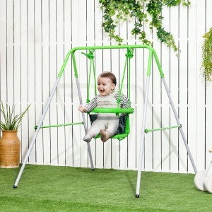 Leagan copii 122x146x122 cm, cadru otel vopsit pulbere, scaun PE bretele siguranta, 6-36 luni, 25 kg, verde/alb - Verificat A · Re-Bloom - Img 4
