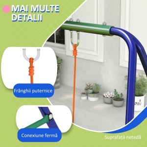 Leagan pentru copii cu 2 scaune, otel/PP, 269x160x180 cm, scaun 33.5x17x9cm/inaltime 45cm, capacitate 45kg/scaun, certificat EN71, varsta 3-8 ani, 4 tarusi inclusi, albastru/verde/portocaliu - Verificat A · Re-Bloom - Img 5