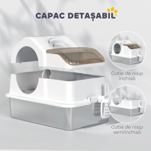 Litiera pisici inchisa 60.5x40.5x42 cm, cuva inox 201, capac basculant, 2 rogojini anti-nisip, lopata inclusa, alb/argintiu - Verificat A · Re-Bloom - Img 5