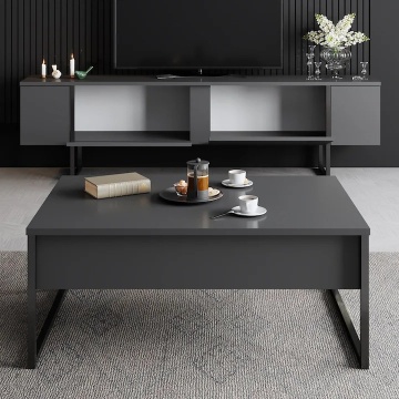 Luxe comoda TV 180x30x50 cm, PAL, 2 usi, rafturi, picioare metal, negru si antracit - Verificat A · Re-Bloom - Img 6