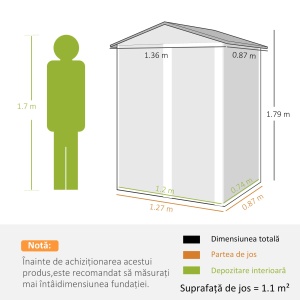 Magazie de gradina cu usa glisanta Re-Bloom, otel galvanizat, 136x87x179 cm, usa 56x155 cm, rating zapada 20 kg/m², gri inchis - Verificat A · Re-Bloom - Img 6
