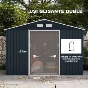 Magazie de gradina cu usi duble glisante Re-Bloom, otel/PP, 277x195x192 cm, usa 96x152 cm, prize aer, rating zapada 20 kg/m², gri - Verificat A · Re-Bloom - Img 4