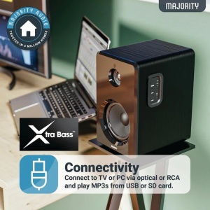 Majority D40 boxe PC active 2.0 Bluetooth HiFi, 60W, intrare optica/RCA/USB/AUX, drivere 4", dulap lemn masiv, telecomanda inclusa - Verificat A · Re-Bloom - Img 3