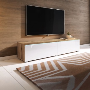 Minnas comoda TV LED 140x30x33 cm, 2 usi cu balamale, PAL alb lucios/stejar Wotan, iluminat integrat - Verificat A · Re-Bloom - Img 3