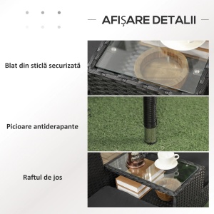 Mobilier de terasa 2 locuri Re-Bloom, ratan PE/otel/sticla/poliester, 135x64x81 cm, masa integrata, 2 perne incluse, 120 kg/loc, negru - Verificat A · Re-Bloom - Img 4