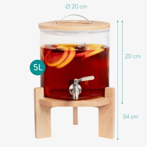 Navaris dozator bauturi sticla borosilicata cu stand lemn fag, 5L, Ø20x20cm, inaltime totala 34cm, 2.5kg, robinet inox/silicon, capac lemn/inox, compatibil masina spalat vase, maro - Verificat A · Re-Bloom - Img 2