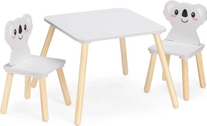 Navaris set masa + 2 scaune copii, MDF/lemn pin, masa 50x50x38cm + scaune 27x27x48cm, 15kg, capacitate 50kg, varsta 3+ ani - Verificat A · Re-Bloom