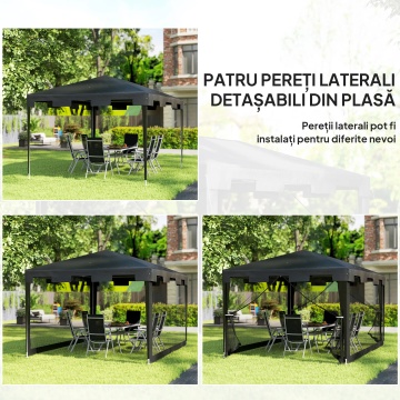 Pavilion pliabil 4x3 m cu plasa tantari 395x295 cm, inaltime 255 cm, 4 pereti plasa, 2 usi fermoar, metal vopsit pulbere, PE rezistent UV, gri inchis - Verificat A · Re-Bloom - Img 4
