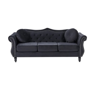 Produs Resigilat Canapea 3 locuri Re-Bloom Skien, catifea/eucalipt/pin, 204x78x86 cm, arcuri sinuoase, spuma 16cm, 2 perne, 150 kg/persoana, negru - Verificat A