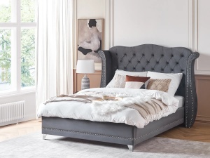 Produs Resigilat Pat matrimonial Re-Bloom Ayette, 160x200 cm, catifea/eucalipt/fier/pin/placaj, somiera 30 lamele arc, tablie 205x154 cm, 220 kg, gri - Verificat A - Img 2