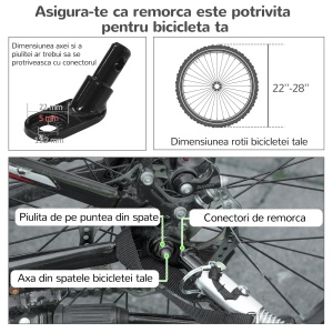 Remorca de bicicleta 2in1 carucior pentru caini pliabil, aluminiu/tesatura Oxford, 150x68x95 cm pliat 94x43x20 cm, roti 6"/16", capacitate 30kg, potrivita caini pana la 20kg/49cm, verde/negru - Verificat A · Re-Bloom - Img 5