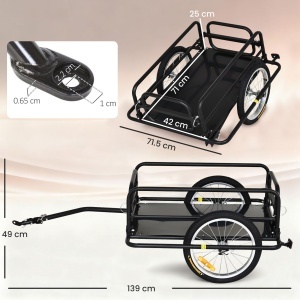 Remorca pentru bicicleta cu pereti pliabili, otel/PE 2mm, 139x71.5x49 cm, suprafata incarcare 71x42x25 cm, roti 16", carlig + 4 reflectoare, capacitate 40kg, 11kg, negru - Verificat A · Re-Bloom - Img 3