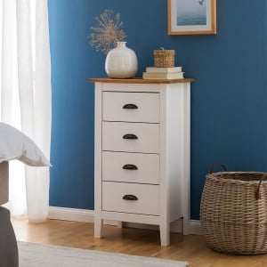 Rivery I комод с 4 чекмеджета 46x82x35 см, масивно лакирано борово дърво, лакирани месингови дръжки, бяло борово/медено – Проверено A · Re-Bloom - Img 2