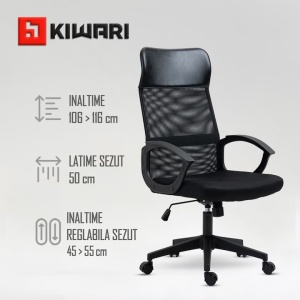 Scaun birou Kiwari® Nad, spatar inalt, suport lombar, brate fixe, sezut cu spuma si mesh, mecanism fluture, baza nylon, roti PU, cadru metalic, suprafata PU&Mesh, Negru, Resigilat, Grad A - Img 3
