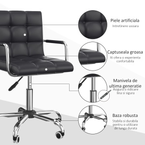 Scaun de birou rotativ Re-Bloom, PU/fier zincat, 52.5x54x84-100 cm, sezut 46-58 cm reglabil, burete 6.5 cm, 150 kg, negru/argintiu - Verificat A · Re-Bloom - Img 4